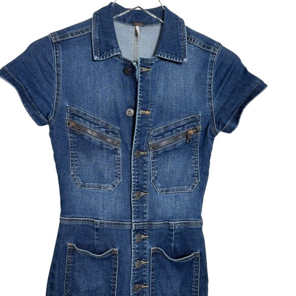Free People Hearts Beat Stretch Denim Jumpsuit Coverall size XS flare legs - Picture 3 of 13